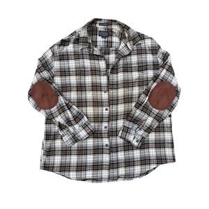 Pendleton Hawthorne plaid button up Black watch Tartan XL beige brwn elbow patch
